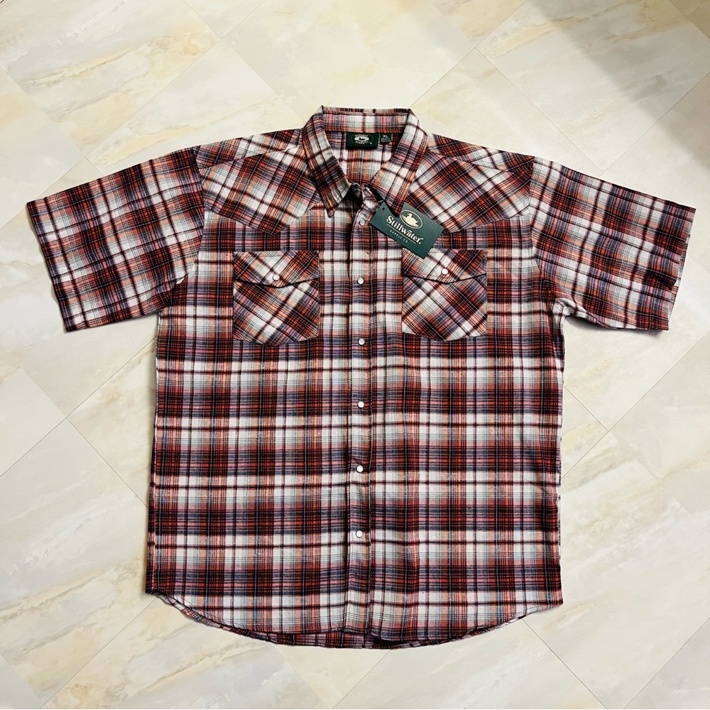 Mens Stillwater Western Shirt XL Red Plaids S/S Poly Cot Rodeo Rockabilly Snaps